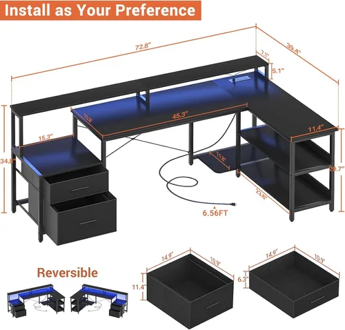 Miniatura 2 de Aheaplus Escritorio en forma de L con cajón de archivos, escritorio reversible en forma de L para computadora de 72.8" con toma de corriente