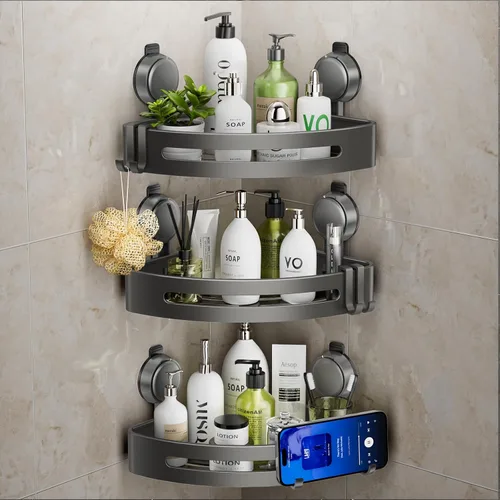 Miniatura 9 de Organizador de ducha esquinero, con ventosa y ganchos, organizador de baño de aluminio inoxidable sin perforaciones, estantes para decoración