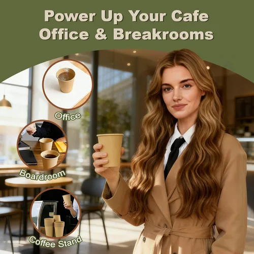 Miniatura 7 de Paquete de 100 tazas de café desechables de 8 onzas, tazas de papel desechables de color marrón a granel, tazas de café para té caliente, chocolate