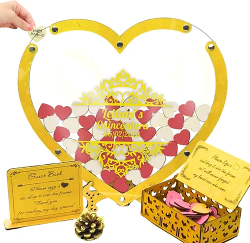 Miniatura 14 de Quinceanera Guest Book Alternative, Personalized Wooden Acrylic Princess Dress Frame with Butterfly Drop Chips, Custom Name Date Sign in Keepsake Set
