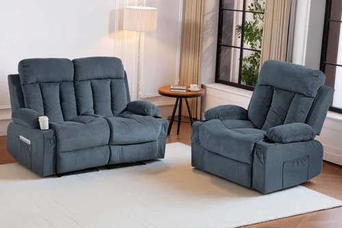 Miniatura 13 de Juego de sofá reclinable manual, 3 piezas con bolsillos laterales, portavasos para cine en casa, oficina (azul, sofá biplaza+silla)