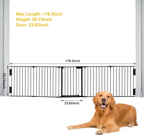 Miniatura 4 de SOSPIRO Puerta negra extra ancha para bebés de 118 pulgadas con puerta, valla larga de metal, puertas altas para perros para mascotas, escaleras