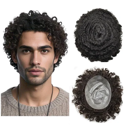 Miniatura 21 de Unidades de cabello afro para hombre, tupé, meave, afro tupé para hombre, sistema de reemplazo de cabello humano rizado, postizo de 0.787 in, 1#