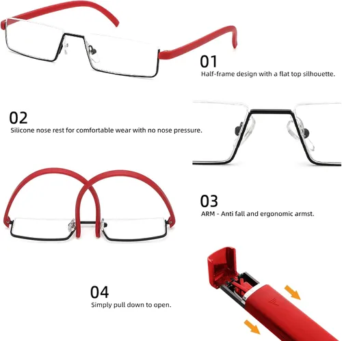 Miniatura 5 de REAVEE Elegantes lentes de lectura de medio marco para mujeres y damas, media lente, ligeros, rectangulares, de metal, portátiles, con estuches
