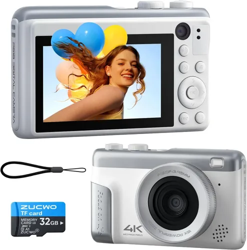 ZUCWO Cámara digital 4K, cámara compacta de punto y disparo de 64 MP para fotografía diaria, enfoque automático con zoom de 16X, cámara de viaje Gris
