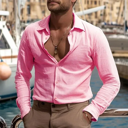 Miniatura 2 de Camisa de manga larga con botones para hombre, de verano, casual, de algodón, sin tapar, para playa, hippie, transpirable, de secado rápido