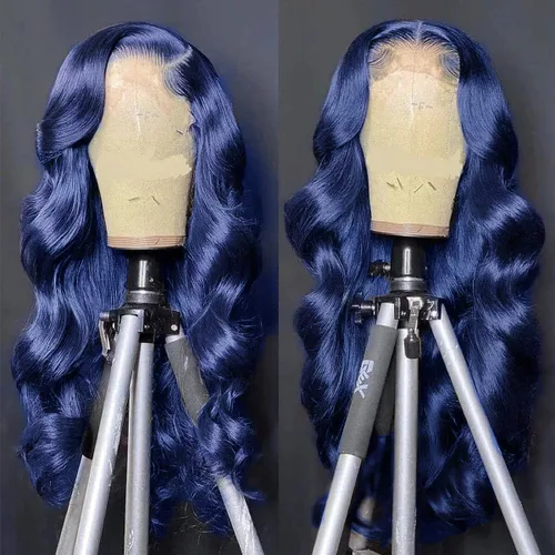 Miniatura 4 de Peluca de cabello humano ondulado con encaje frontal azul oscuro de 28 pulgadas, color azul oscuro, pelucas de encaje frontal de 13 x 4, línea