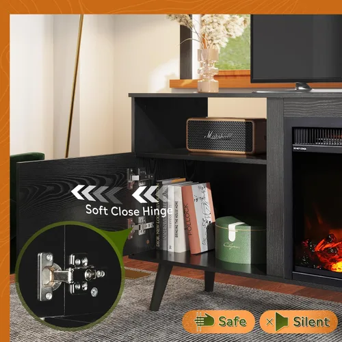 Miniatura 5 de WLIVE Soporte de TV con chimenea para TV de 55 y 65 pulgadas, centro de entretenimiento de mediados de siglo con chimenea eléctrica, consola de TV