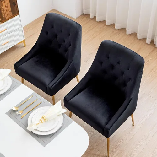 Juego de 2 sillas de comedor modernas, sillas de comedor tapizadas de mediados de siglo, sillas de comedor de terciopelo con patas doradas para Negro