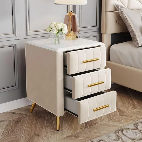 Mesita de noche de terciopelo SOFTSEA con 3 cajones, mesita de noche tapizada con tapa de mármol sintético, mueble de mesa auxiliar, mesita de noche