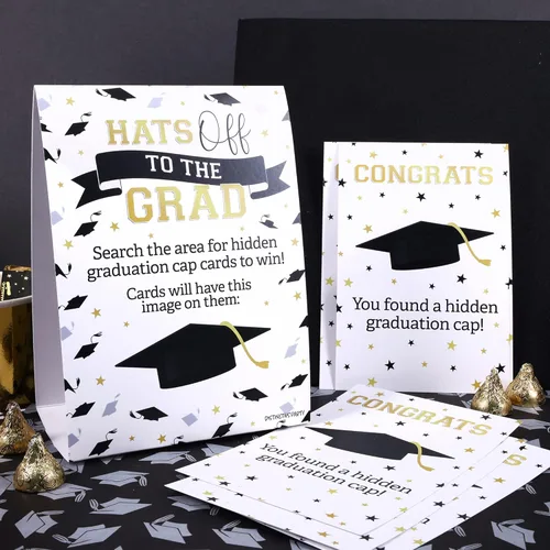 Miniatura 5 de DISTINCTIVS Grad Cap Scavenger Hunt, juego de fiesta de graduación Class of 2026-1 cartel independiente y 10 tarjetas para ocultar