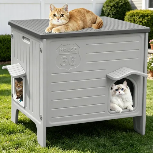 Deblue Weatherpoof - Casa para gatos al aire libre, grandes casas de plástico para gatos con puerta de escape para interiores, impermeable, refugio