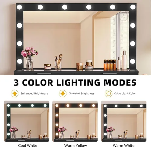 Miniatura 5 de DWVO Tocador de maquillaje con parte superior de vidrio de 46 pulgadas con 10 cajones, juego de escritorio con espejo LED grande, estación de carga