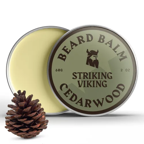 Striking Viking Bálsamo para barba de cedro, paquete de 2 onzas líquidas, cedro, suaviza e hidrata con manteca de barba y karité, domina los vuelos