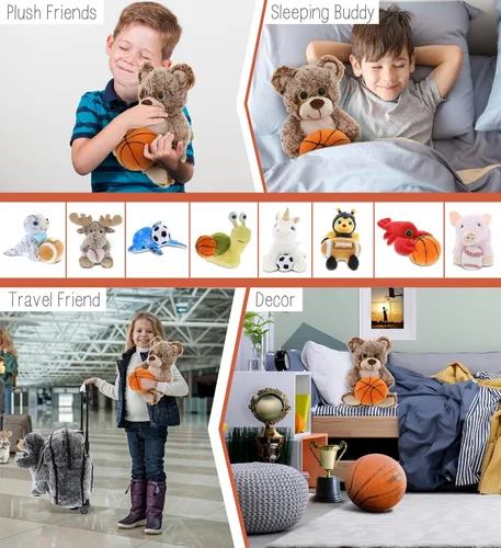 Miniatura 4 de DolliBu Oso marrón sentado con felpa de baloncesto, oso suave para abrazar, adorable juguete de peluche para jugar, lindo regalo de vida silvestre