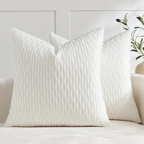 Miniatura 11 de DEZENE Fundas de almohada para sofá color marfil blanco: pack de 2 fundas de almohada cuadradas de terciopelo a rayas originales de 16x16 pulgadas