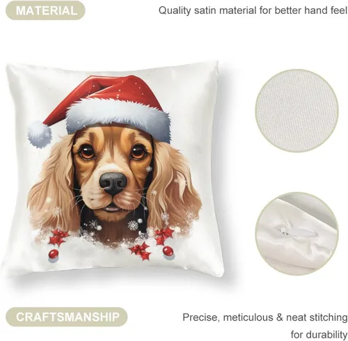 Miniatura 4 de Divertidas fundas de almohada de satén de Navidad con diseño de perro y cocker spaniel con gorro de Papá Noel, copos de nieve, decoración