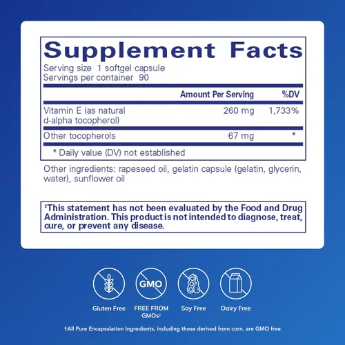 Miniatura 2 de Pure Encapsulations Vitamina E (con tocoferoles mixtos) - Protección antioxidante y función celular* - Contiene tocoferoles mixtos - Sin OMG - 90
