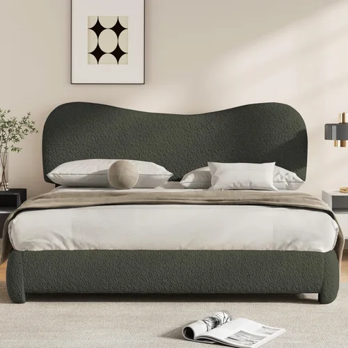 Miniatura 9 de Kelway Base de cama tamaño Queen Boucle tapizada con cabecera ajustable curvada, no necesita somier, color beige