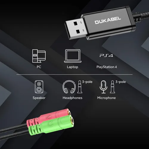 Miniatura 3 de DuKabel - Adaptador de audio USB largo a conector de 0.138 in, adaptador AUX TRS para chip integrado tarjeta de sonido USB para auriculares