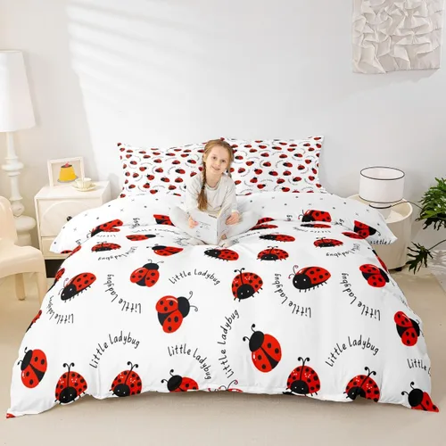 Miniatura 14 de Juego de funda de edredón con lazo de dibujos animados para niños, tamaño individual, juego de ropa de cama de mariquita, escarabajo, insecto