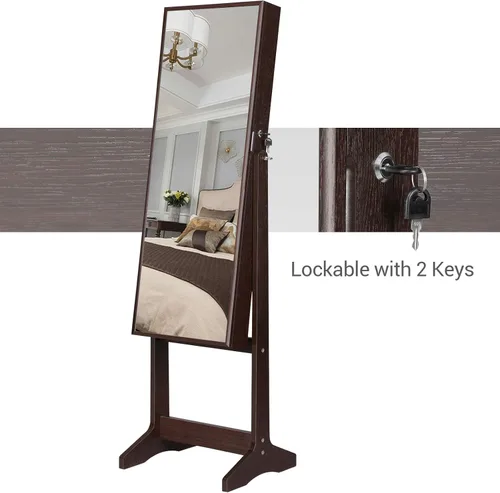 Miniatura 9 de SONGMICS - Armario gabinete de joyería con espejo espejo grande de pie de cuerpo completo organizador de joyas con cerradura color marrón UJJC69BR