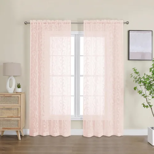 Miniatura 79 de OWENIE Furman - Juego de 2 paneles de cortinas traslúcidas negras de 24 pulgadas de largo, cortinas semitransparentes de jacquard ligeras y aireadas