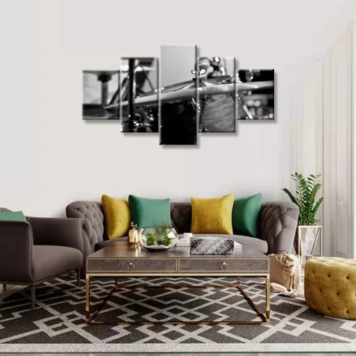 Miniatura 39 de Arte de pared en blanco y negro, kit de batería de jazz morado sobre fondo negro, pinturas de 5 paneles, lienzo, arte de pared para decoración
