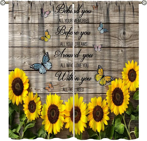 Cortinas vintage de girasol, girasoles en paneles de madera rústica, lenguaje inspirador, cortinas opacas para dormitorio, sala de estar, juego de 2