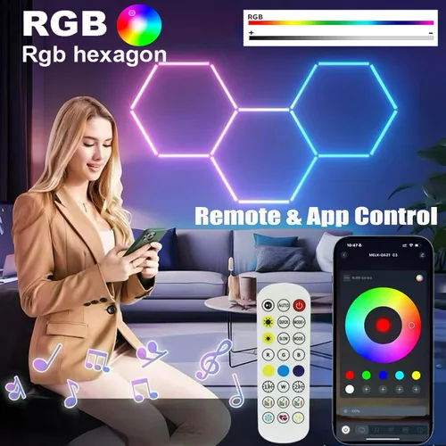 Miniatura 2 de 25Pack RGB Hexagon Lights,Music Sync 5Hex LED Hexagon Lights,RGB 358 Kinds of Changes Dimmable Speed-Adjustable DIY Color-Changing Lights Smart App