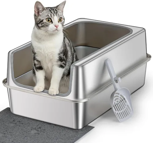Miniatura 8 de Caja de arena de acero inoxidable con tapa de metal y pala - Caja de arena de metal cerrada para gatos grandes, resistente al óxido, control
