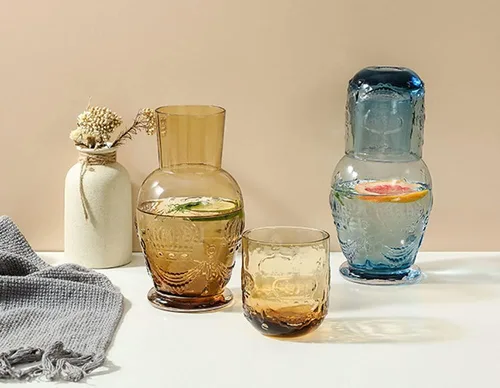 Miniatura 6 de Retro Crown Relief - Jarra de agua de noche de cristal transparente con vaso, jarra y taza de noche