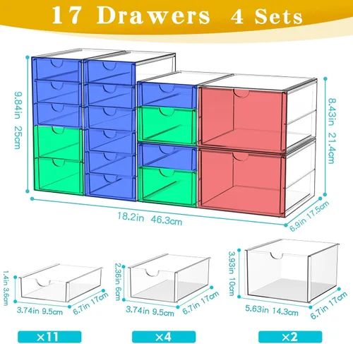 Miniatura 3 de Organizador de maquillaje acrílico con 17 cajones, paquete de 4 organizadores transparentes para mostrador de baño para paletas, cosméticos