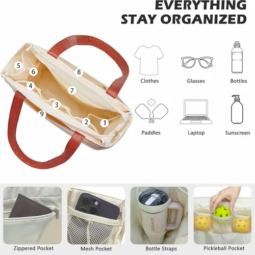 Miniatura 6 de Bolso de Pickleball para Mujeres, Elegante Bolso de Nylon con Capacidad para 2 Palas, Bola, Equipo, Bolso de Hombro Utilitario para Deportes