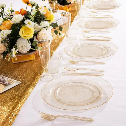 Miniatura 5 de WDF Cubiertos de plástico dorado 360, cubiertos desechables con purpurina dorada, cubiertos de plástico con 120 tenedores, 120 cucharas, 120