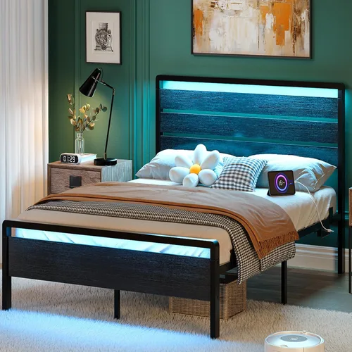 Miniatura 15 de VINGLI Base de cama de plataforma individual con cabecero y estribo LED, estación de carga USB, cama de panel de metal con espacio de almacenamiento