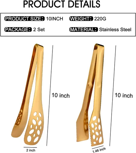 Miniatura 6 de Paquete de 2 pinzas de cocina para cocinar, pinzas de acero inoxidable dorado de 10 pulgadas para parrilla, utensilios de servir resistentes al