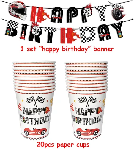 Miniatura 6 de 117 piezas de decoración de fiesta de 2º cumpleaños de coche de carreras, dos platos de fiesta de bandera a cuadros rápidos, servilletas, tenedores