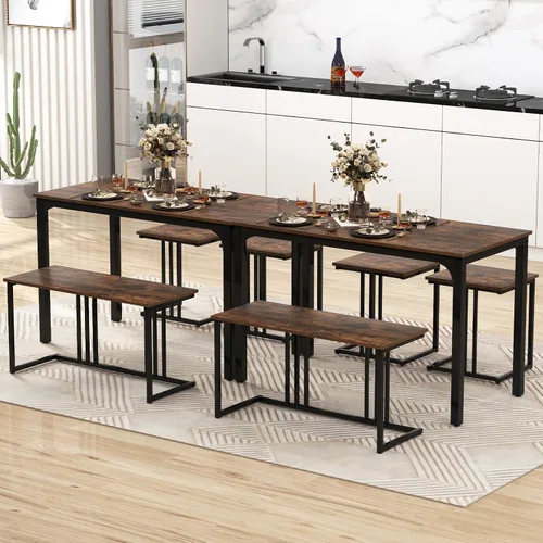Miniatura 8 de Giantex Juego de mesa de comedor de 4 piezas para 4, mesa y sillas de cocina modernas, juego de muebles anidables con banco y 2 taburetes, juego