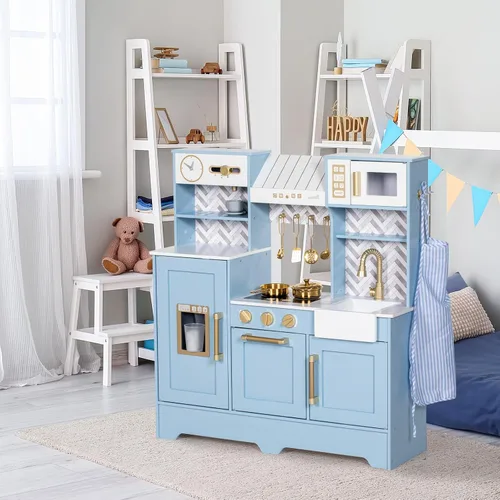 Miniatura 6 de BRINJOY Cocina de Juguete para Niños, Juego de Cocina de Madera para Niños con Cafetera, Horno, Estufa, Fregadero, Delantal, Máquina de Hielo, Azul
