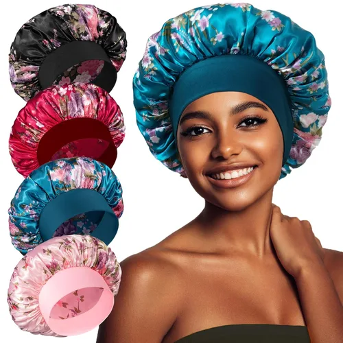 Miniatura 8 de vidsel 4 gorros de satén para mujer, gorro de seda para dormir, gorra de dormir de banda ancha para trenzas de cabello rizado