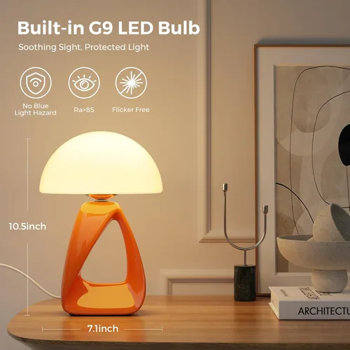 Miniatura 5 de Lámpara de hongo, pequeña lámpara de mesa para dormitorio, lámpara de noche creativa geométrica con base de cerámica, lámpara de mesa auxiliar