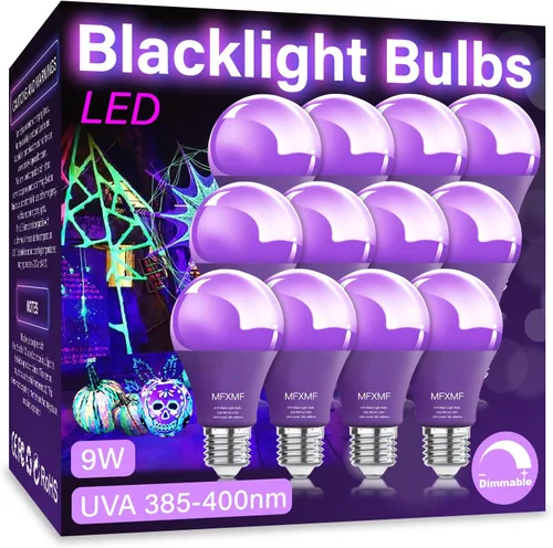 Miniatura 8 de Paquete de 4 bombillas LED negras A19, 9 W (equivalente a 100 W), base E26 regulable, luces negras regulables, nivel UVA 385-400 NM, bombillas