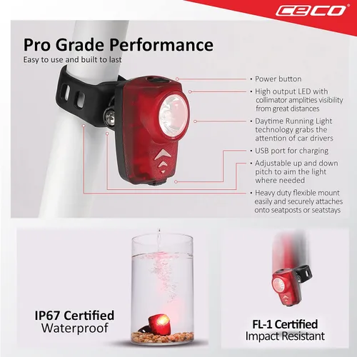 Miniatura 4 de CECO Luz trasera de bicicleta recargable USB súper brillante de 100 lúmenes, IP67 impermeable, FL-1 resistente a los impactos, calidad de grado