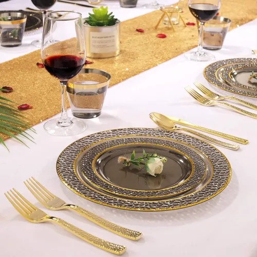 Miniatura 4 de Nervure - 150 piezas de platos de plástico negro transparente - Platos de fiesta dorados - Set de vajilla negra y dorada incluye: 50 platos, 25