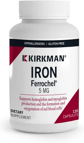 Kirkman Iron Ferrochel 5 mg - 120 cápsulas vegetarianas - Quelato de bisglicinato ferroso - Forma suave de absorción superior - Hipoalergénico