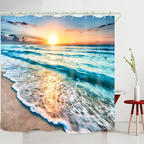 Miniatura 4 de LYFANS El baño tiene una cortina de ducha de playa al atardecer y la bañera tiene una lujosa cortina de ducha estándar. Cortina de ducha de tela