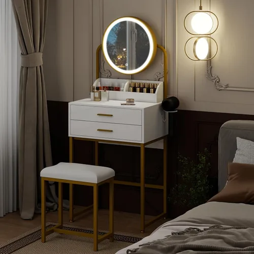Miniatura 6 de ARTETHYS Escritorio pequeño con espejo y luces, tocador de maquillaje compacto blanco con silla, moderno tocador que ahorra espacio con cajón