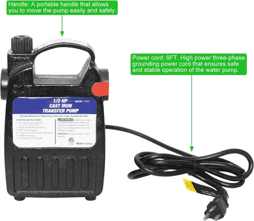 Miniatura 2 de 501B1-U Bomba de transferencia de agua 115V 1/2 HP 1500 GPH Bomba de transferencia de agua de alta presión con filtro de succión y conectores