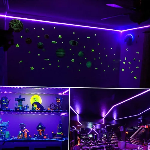 Miniatura 8 de Tiras de luz LED negras de 6.6 pies, 120 tiras LED UV a pilas para fiesta brillante, Halloween, vidrio, póster, pintura, batería no incluida